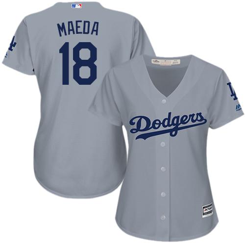 Dodgers #18 Kenta Maeda Grey Alternate Road Women's Stitched MLB Jersey - Click Image to Close
